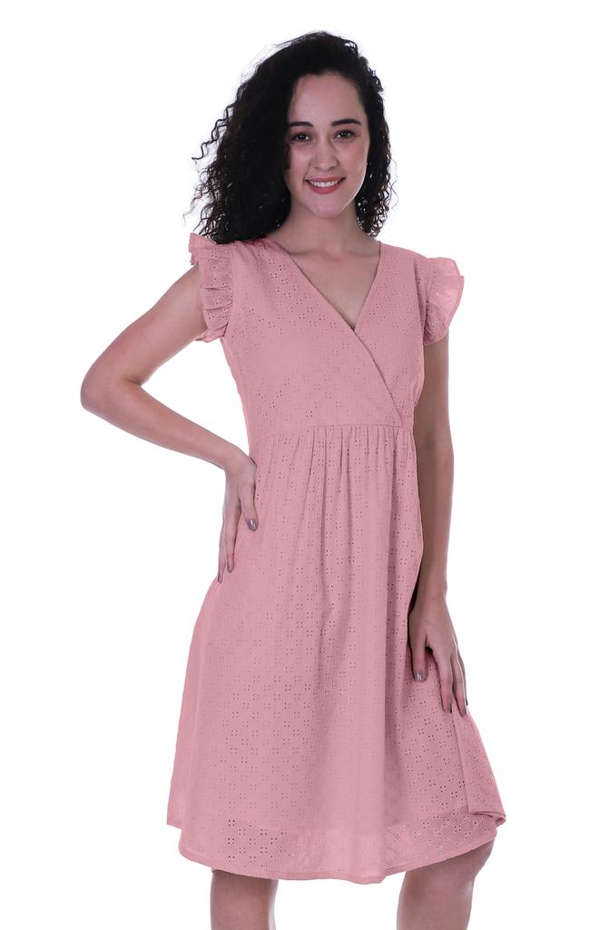 Moomaya Schiffli Dress Frill Sleeve W  V-neck Casual Relaxed Summer Garden