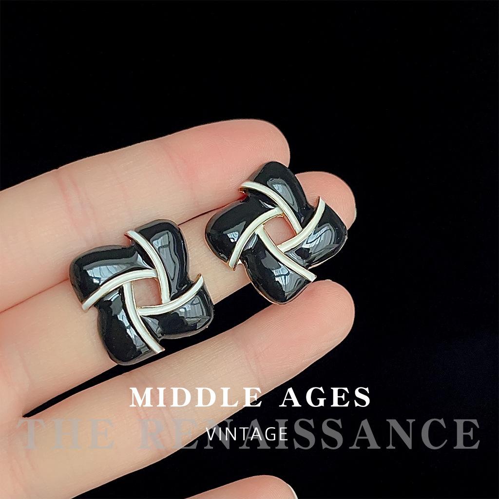 

Enamel oil drop black earrings cross geometric hollow stud earrings ear jewelry