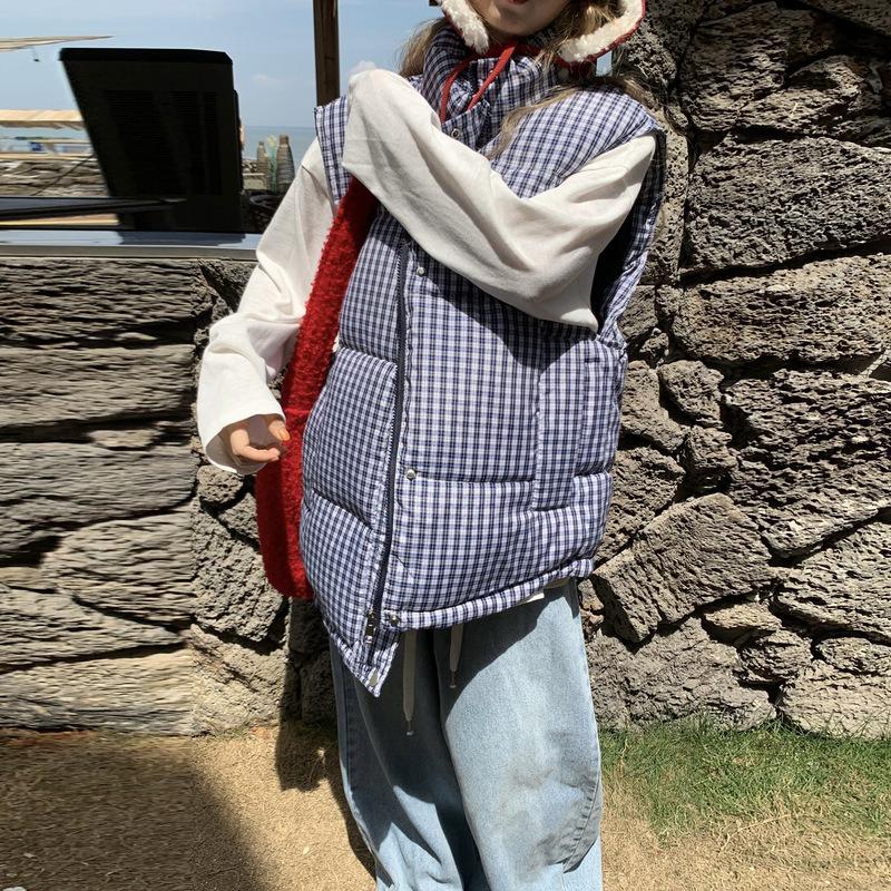 Stand-up Collar Plaid Sleeveless Cotton Clothes, Student Vest Jacket, Women's New Autumn and Winter Stacked Wear Casual Loose Vest