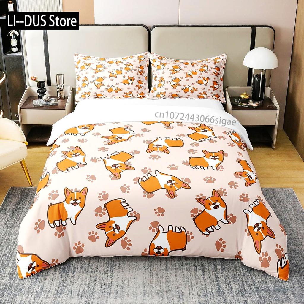 Labrador Duvet Cover Set Hand Drawn Sketch Welsh Corgi Decorative 3 Piece Bedding Set With 2 Pillow Shams Queen King Full Size