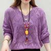 Spring and Autumn Casual Hollow Out Long Sleeved Sweater for Women V-neck Loose Solid Color Sweater for Women