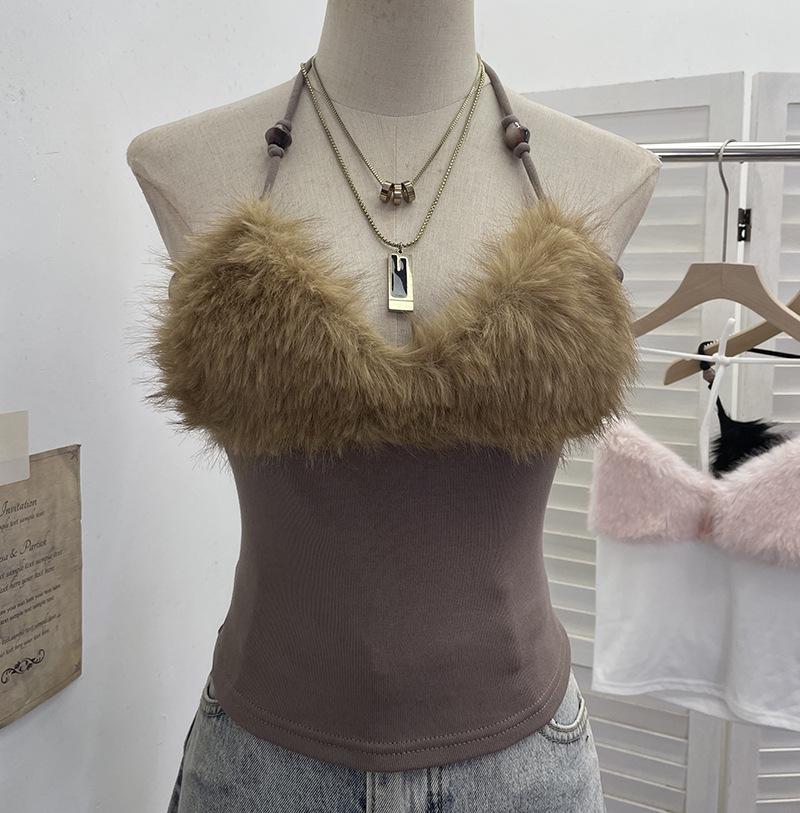 

European & American Style Lace-up Halter Patchwork Fur Camisole Crop Top for Women One Size хакі