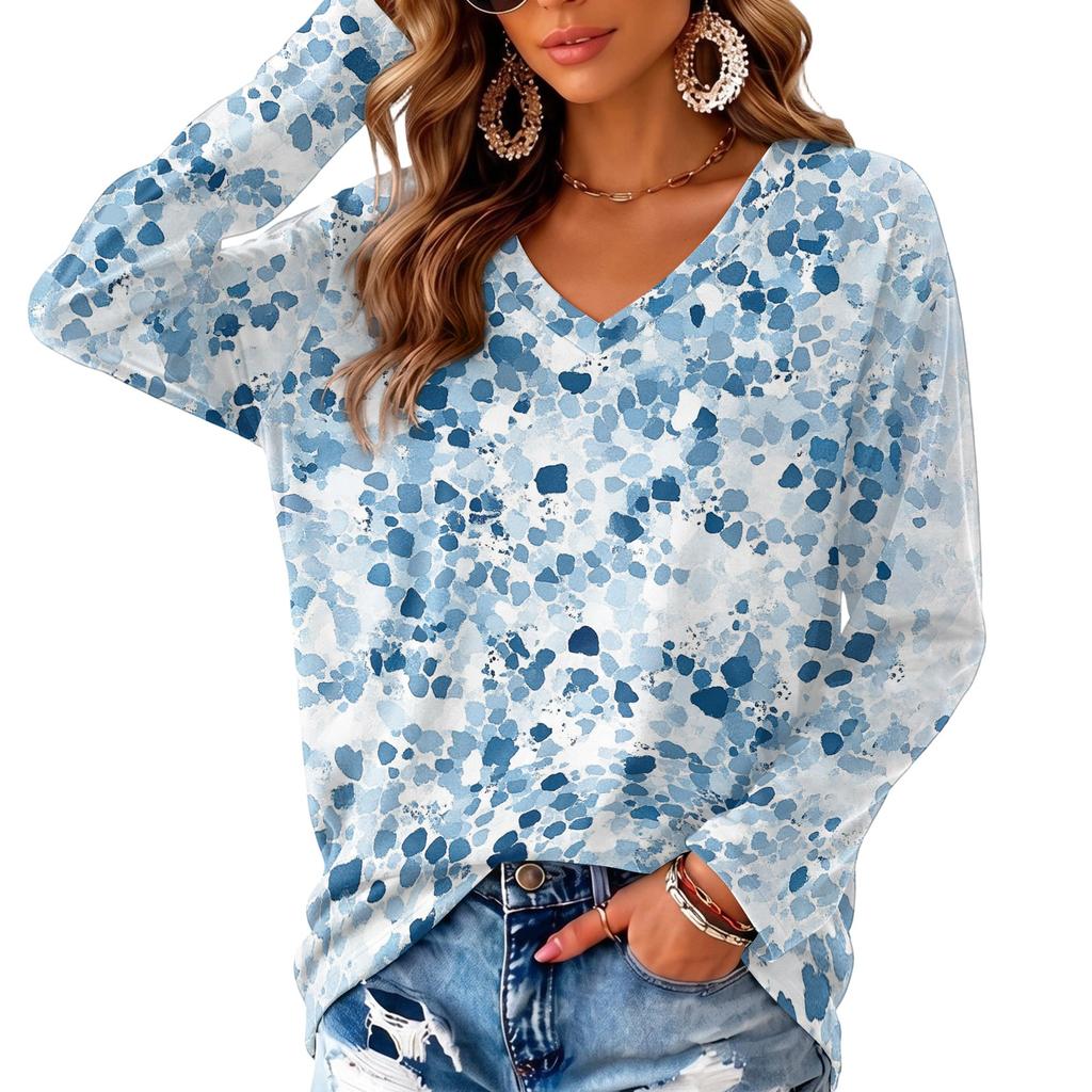 Women's V-Neck Long Sleeve Print Lightweight Blouse for Spring and Summer