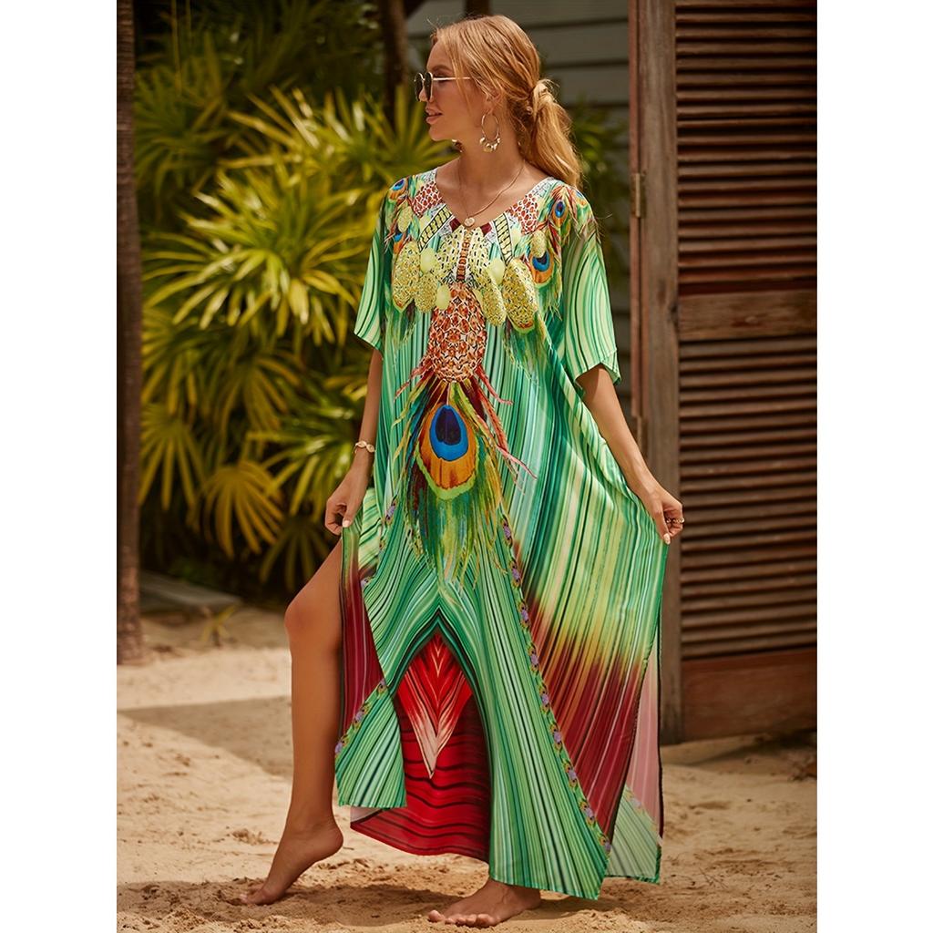 Plus Size Boho Cover Up, Women's Plus Painting Print Bat Sleeve V Neck Split Hem Maxi Cover Up Dress