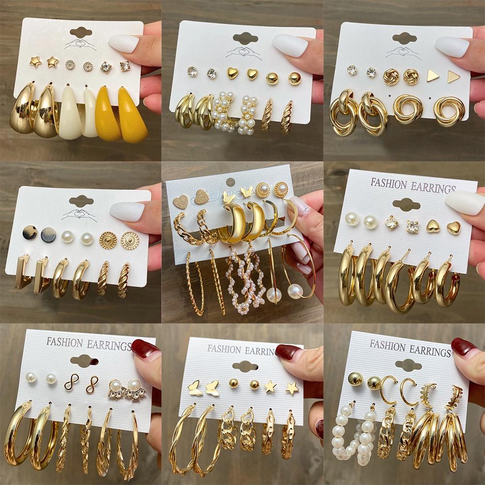 IF ME Korean Butterfly Pearl Stud Earrings Set Fashion Geometry Zircon Hoop Earring Women Jewelry Accessories