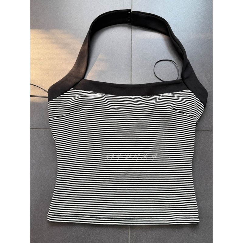 Export Single French Vintage Style Sexy Wind 3 Colors Halterneck Stripes Silm Vest Tops