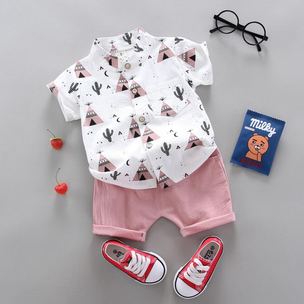 Summer Printed Pyramid Shirt Short Sleeved Shorts Set for Male and Female Infants and Young Children
