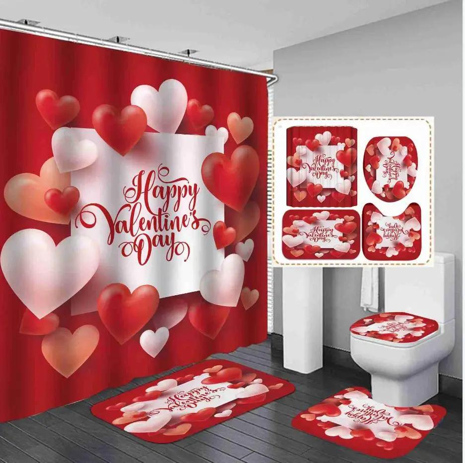 Valentine's Day Bathroom Set Heart Shower Curtain Non-Slip Rugs Toilet Cover U Shaped Bath Mat Red Shower Curtain with 12 Hooks