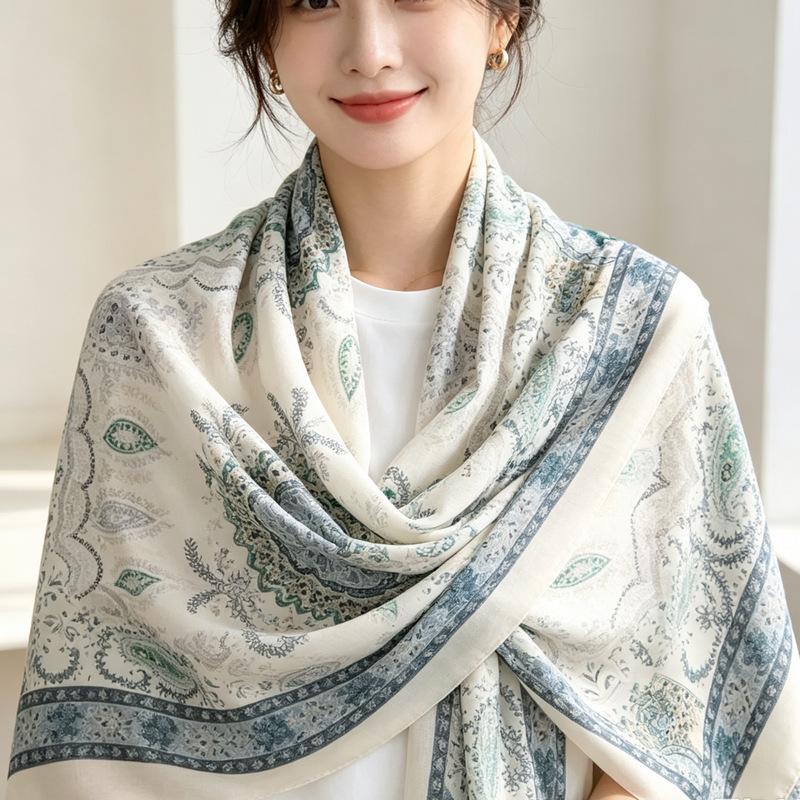 New Retro Printed Silk Scarf Women's Spring and Autumn Thin Shawl Outer Scarf Elegant and Versatile Fashion Cashew Flower Scarf