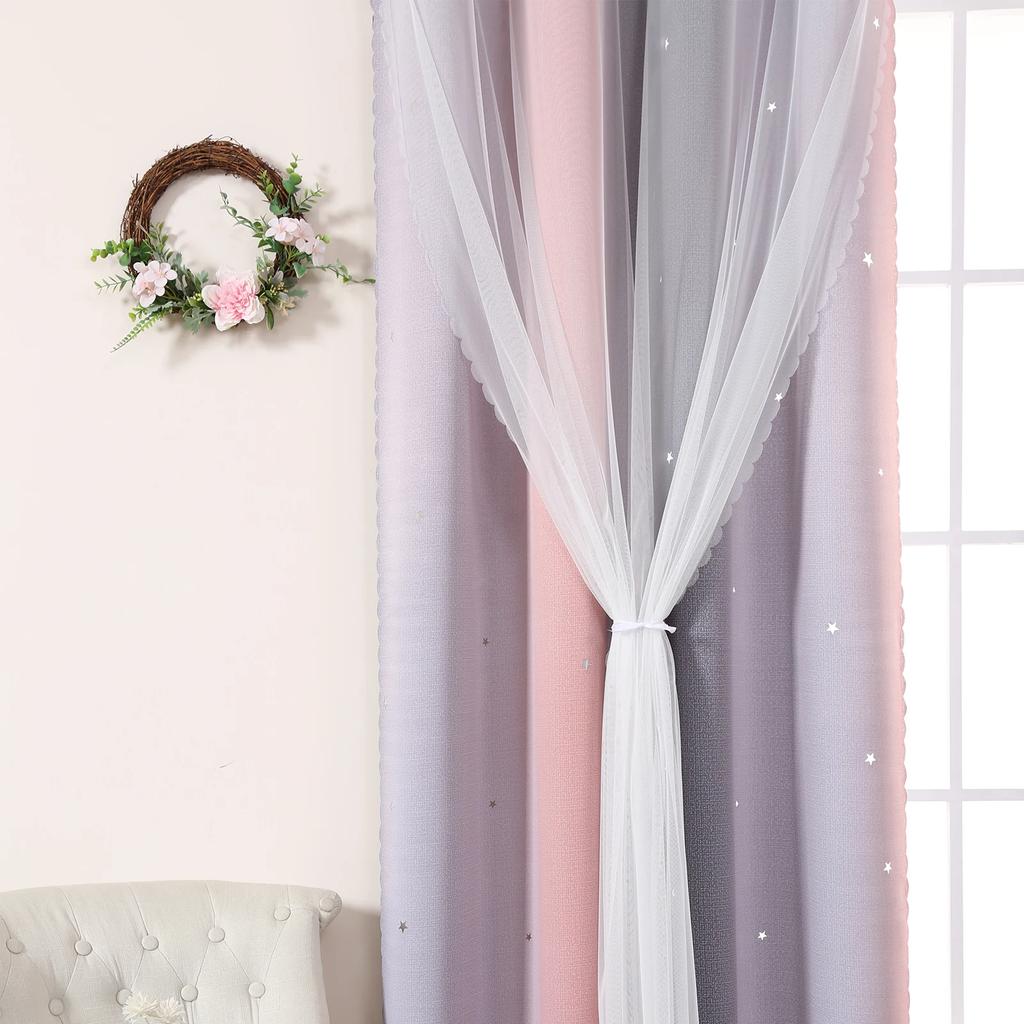 Gradient Double-Layer Perforated Curtains, Hollowed Out Stars, Children'S Room Shading Decoration, One Piece Set