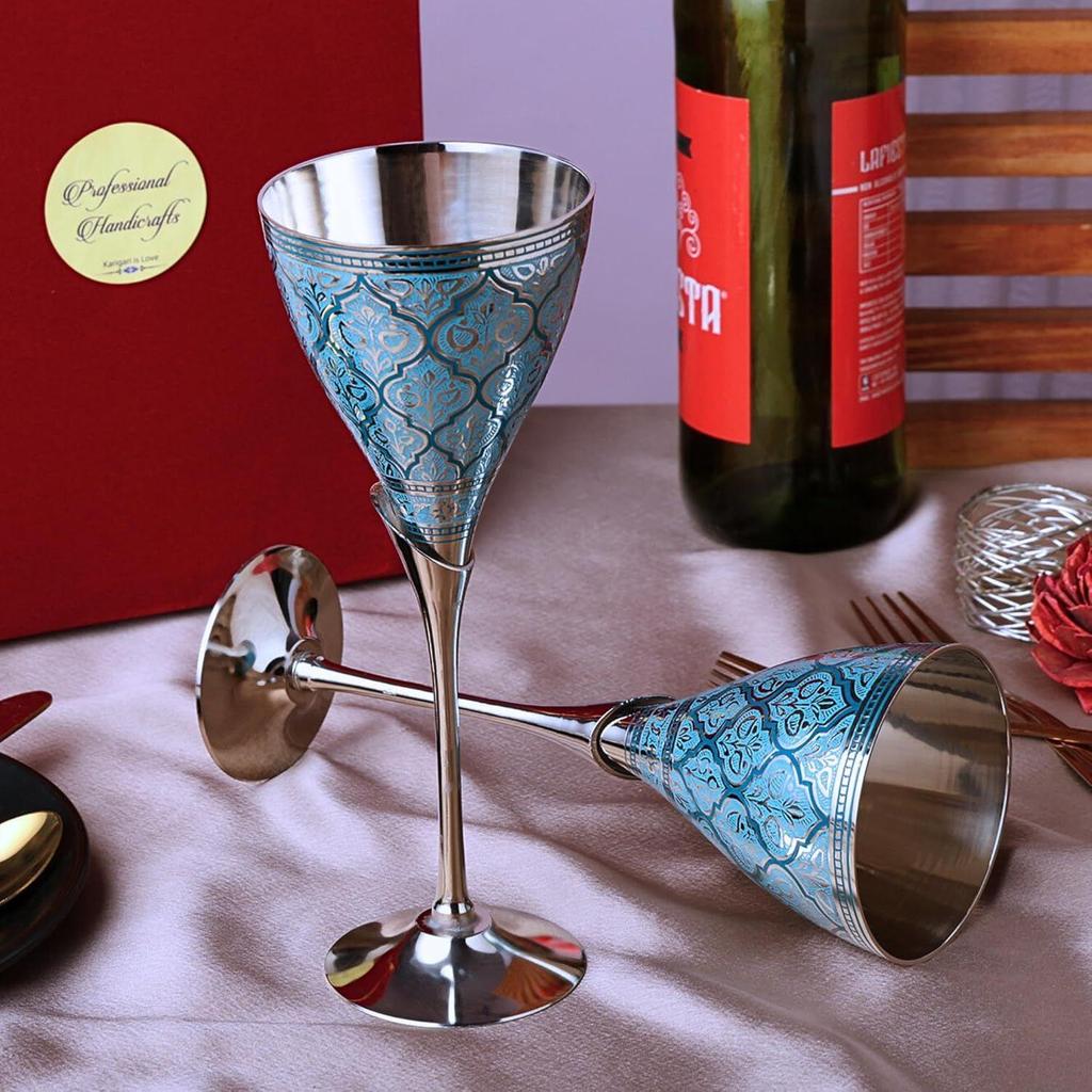 Blue Wine Glasses, Metal Brass Goblet, Champagne Flutes, Diwali, Wedding Gift for Couple Marriage, Corporate Clients - Set of 2, 200 ML