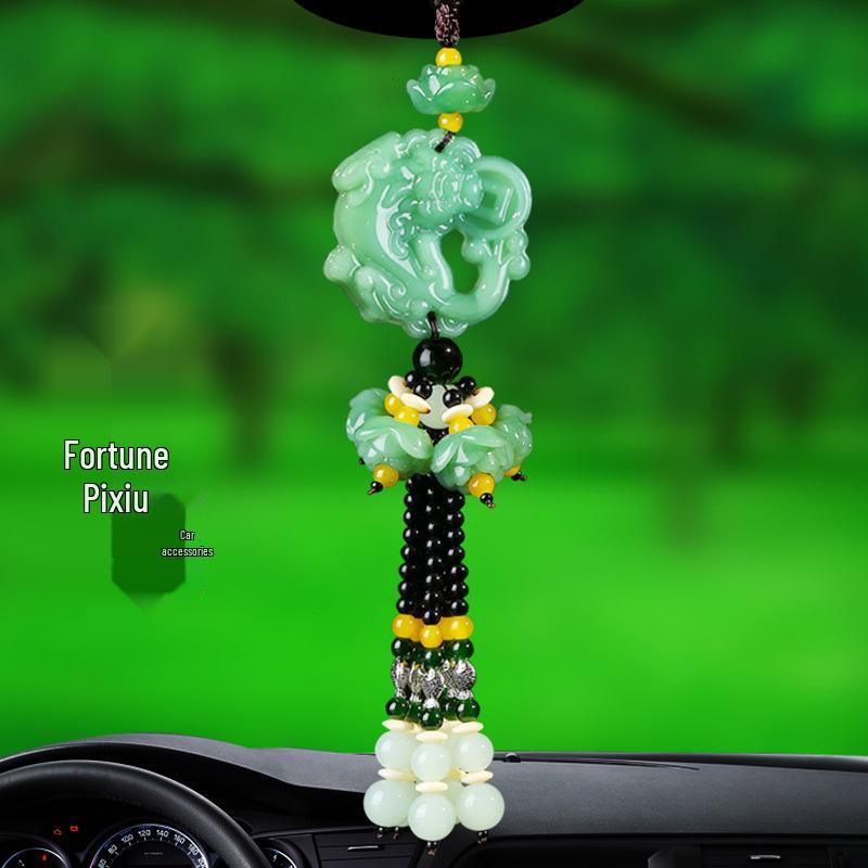 Green Jade Car Pendant: Pi Xiu and Lotus Ornament for Interior Peace