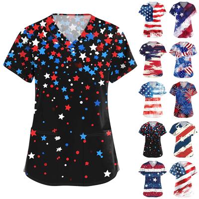 Women's Short Sleeve Independence Day Printed V-Neck Pocket Workwear Top