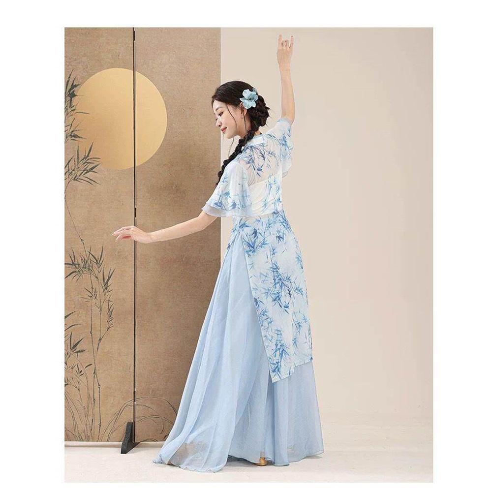Women's Bamboo Print Qipao Collar Classical Dance Costume, Flowy Chiffon Skirt Folk Dance Performance Outfit