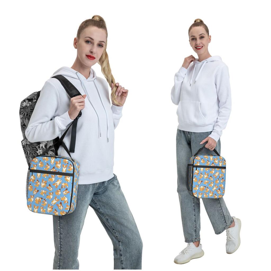 Blue Background Cute Cartoon Corgi Insulated Lunch Bag for Women Children Leakproof Food Boxes Thermal Lunch Box Tote