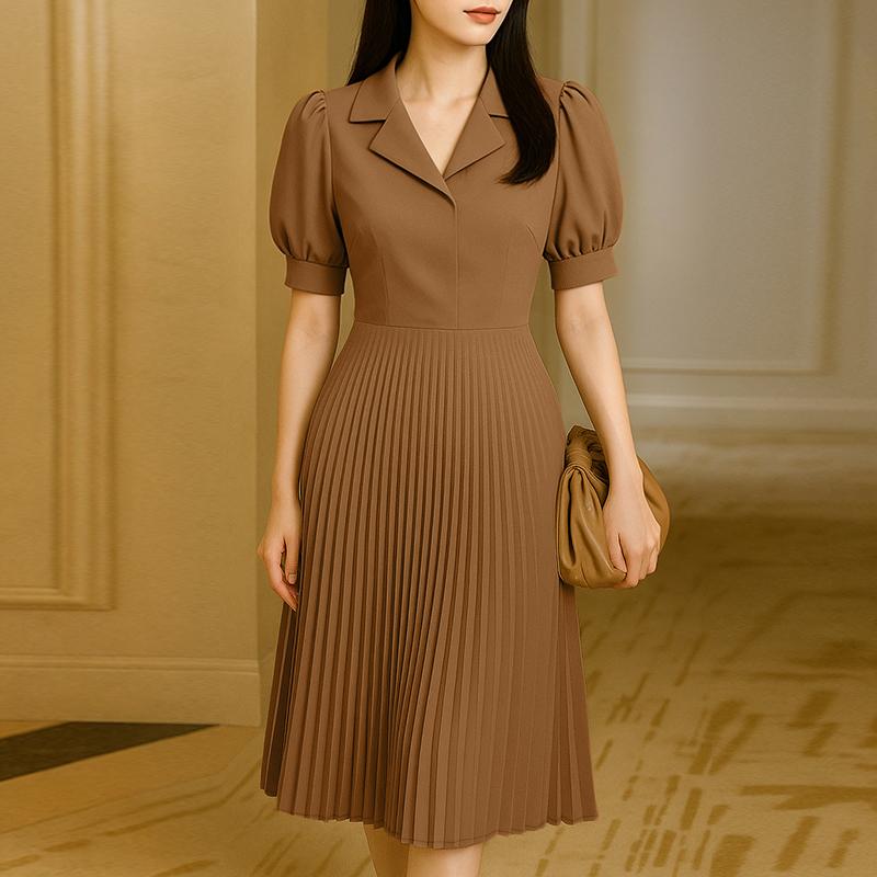 ZANZEA Women Elegant Turn Down Collar Casual Short Sleeve Pleated Dress