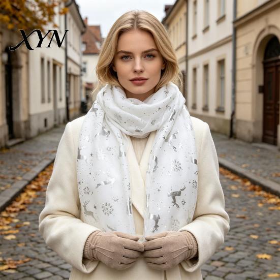 Christmas Party Fashion Accessory Theme Scarf for Women, Glitter Sparkly Foil Reindeer Soft Polyester Neck Print Scarves, Lightweight Shawl Wrap Fall