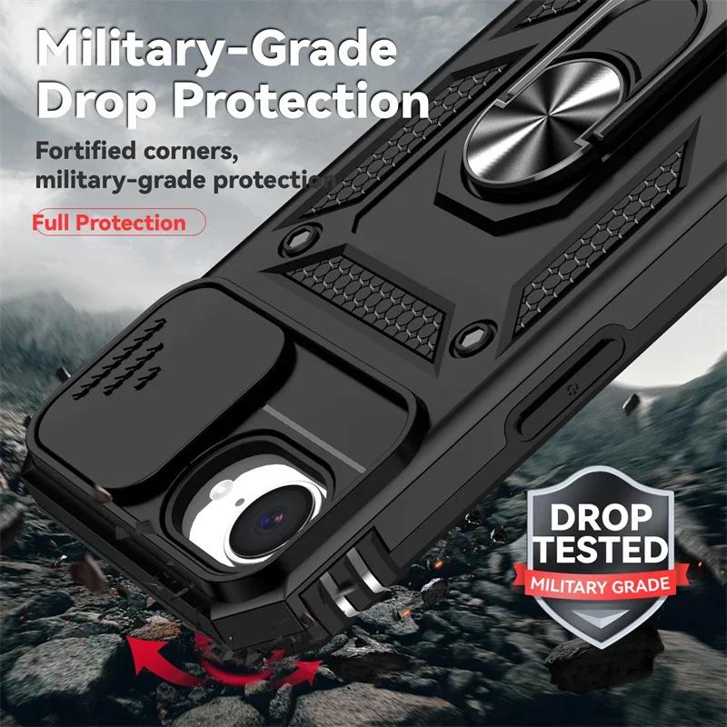 Armor Case For iPhone 16e 16 15 14 13 12 11 Pro Max Plus Case Slide Lens Camera Protection Ring Holder Shockproof Cover