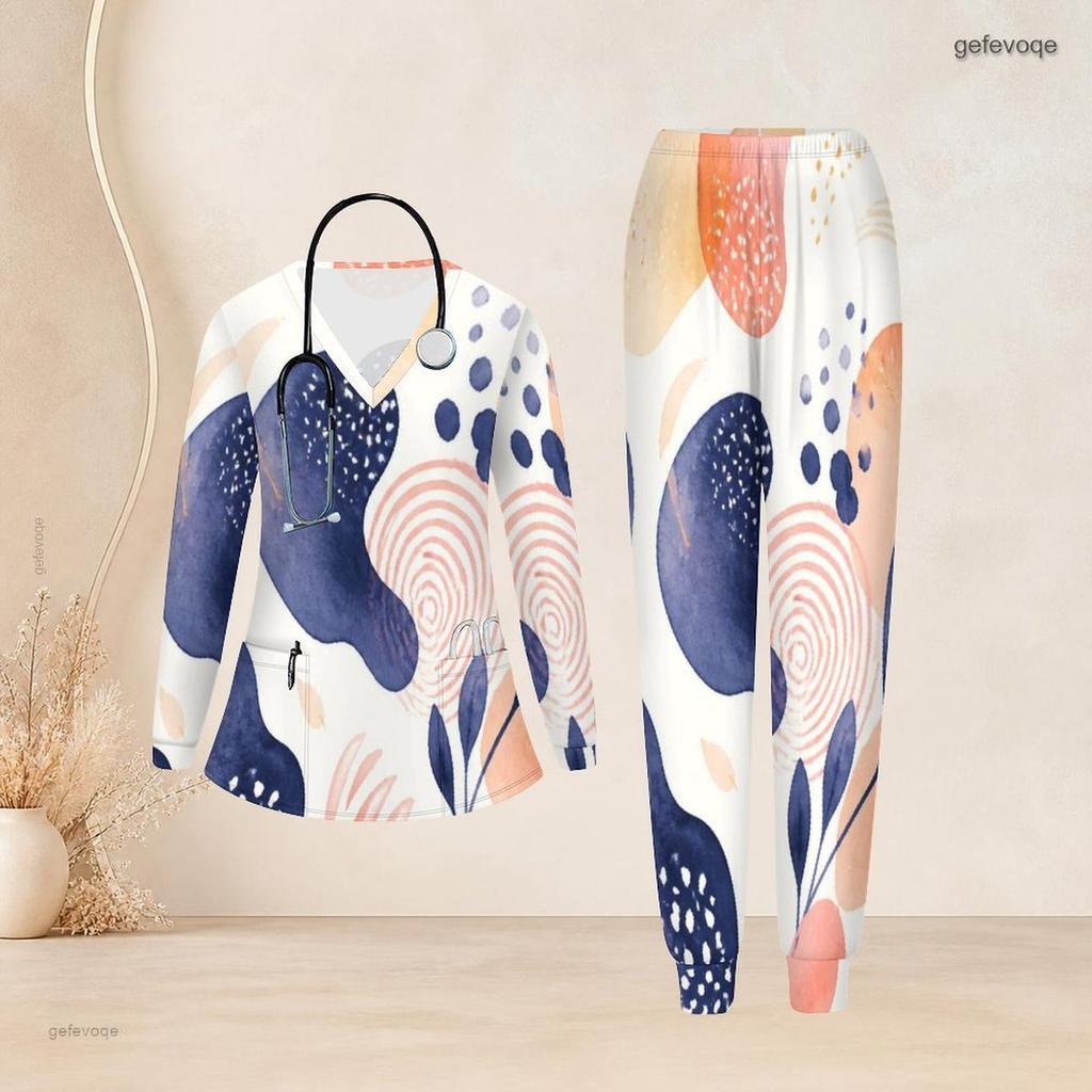 Women Plus Size Abstract Printed Nurse Scrub Set V Neck Long Sleeve Pocket Top Long Pants Two Piece