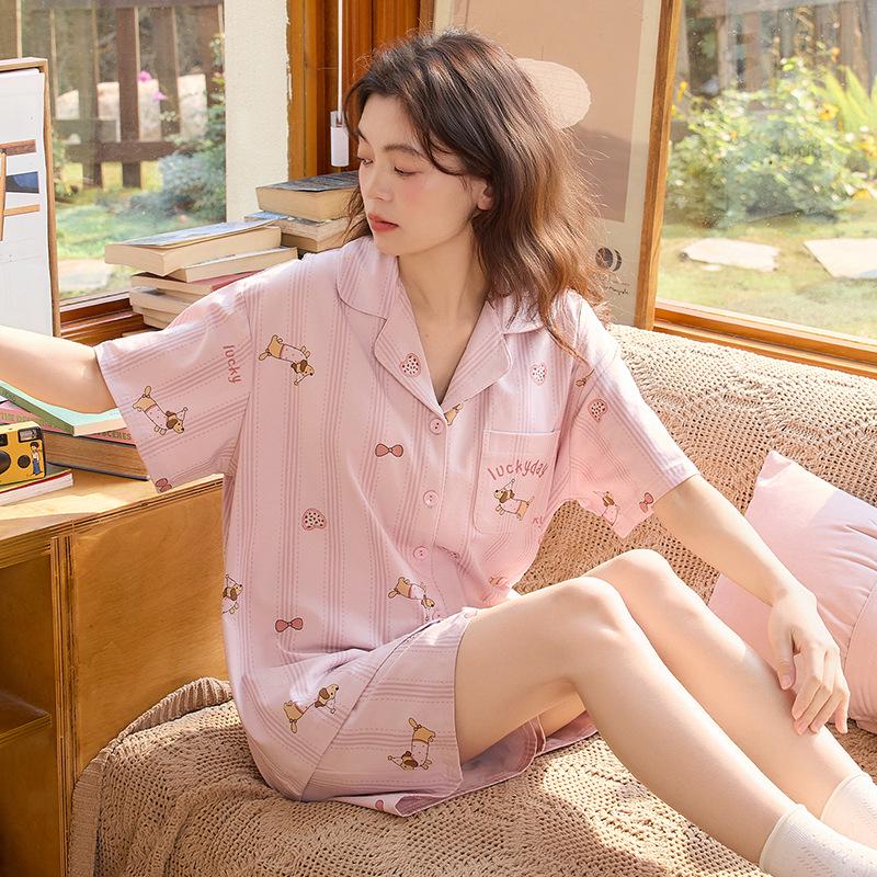 Summer Short Sleeve Cotton Pajamas Set: Loose, Comfy, Girlish Style