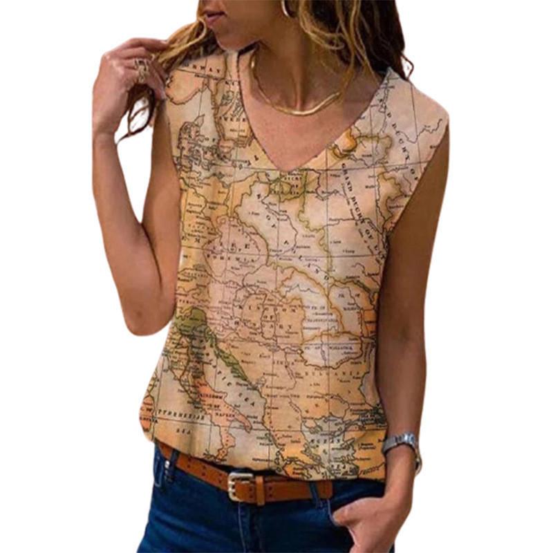 Women Summer Map Printed V Neck Sleeveve Casual T-shirt Top