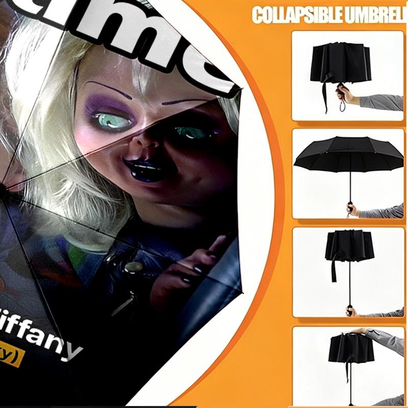 Custom Name Personalized Bride of Chucky Print Umbrella, Auto Open Close, 8‑Rib Sturdy Frame, Commute Camping Hiking Use, Birthday Gift