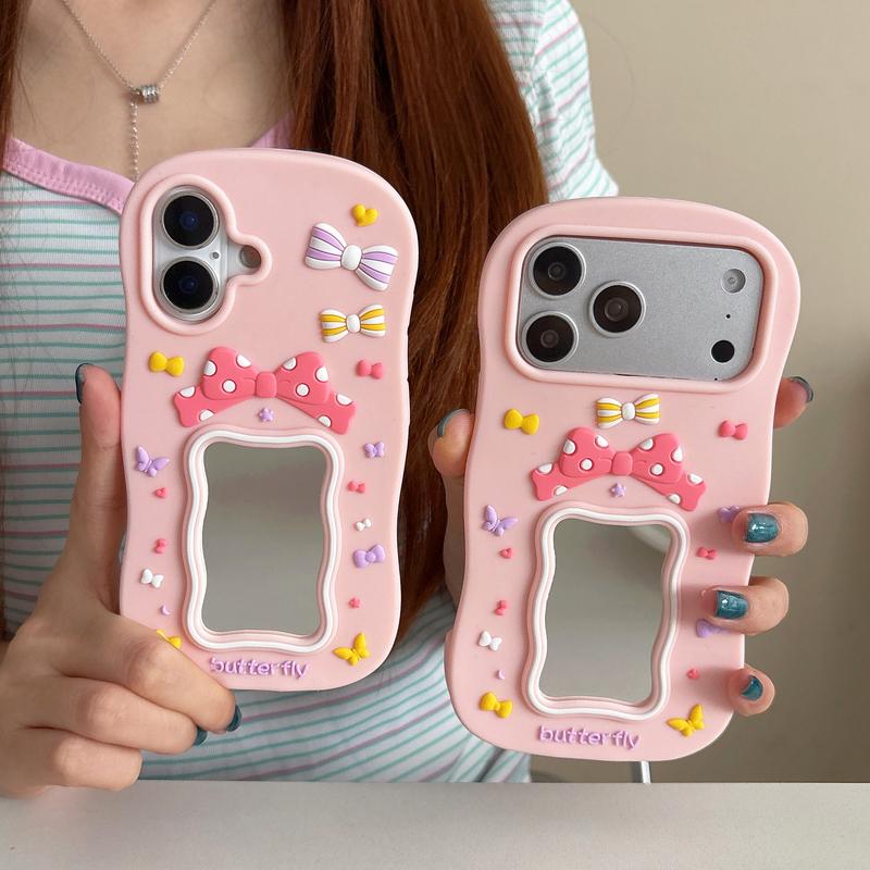 Cute 3D Butterfly Bow Case for iPhone 17 Pro Max 12 13 14 15 16 Plus 16E Soft Silicone Makeup Mirror Cover