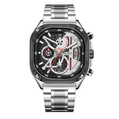 Men's Watch Rectangular Face Chronograph Quartz Men's Watch Analog Waterproof Date Stainless Steel Silver Watch Men's Gift