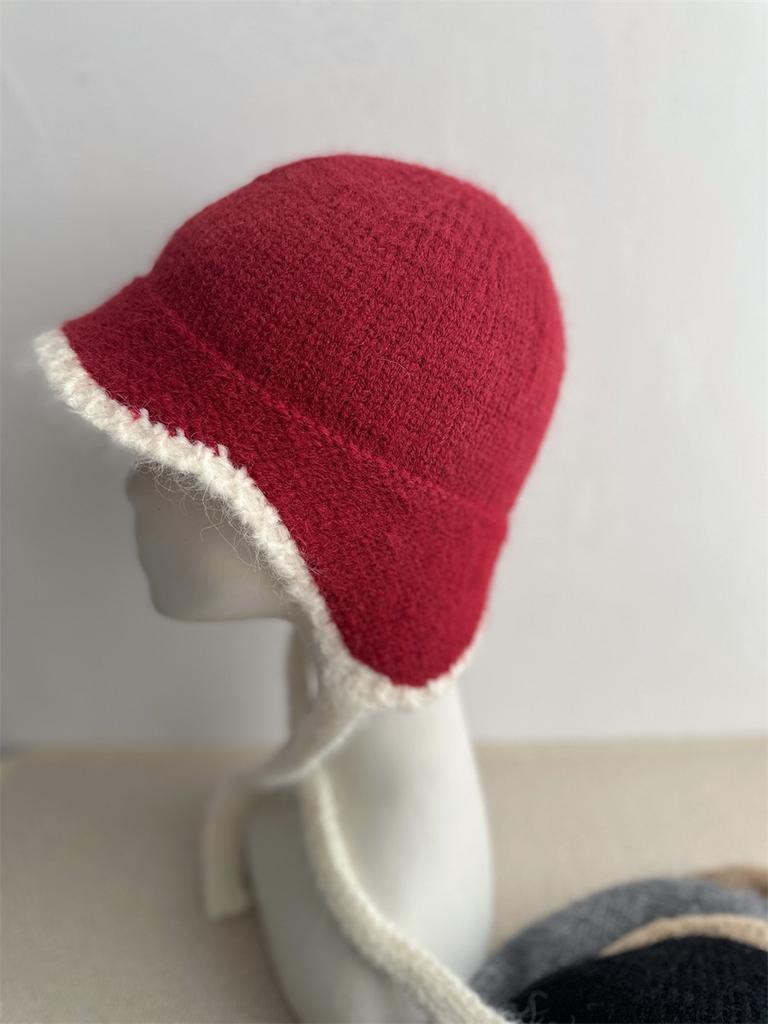 Autumn and winter ear protection knitted hat women's small fresh straps wool hat thermal pullover hat fashionable plush head hat
