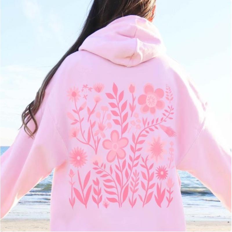 2025 New European Women's Drop Shoulder Ribbed RosaBlumen Hoodie with Printed and Embroidered Options
