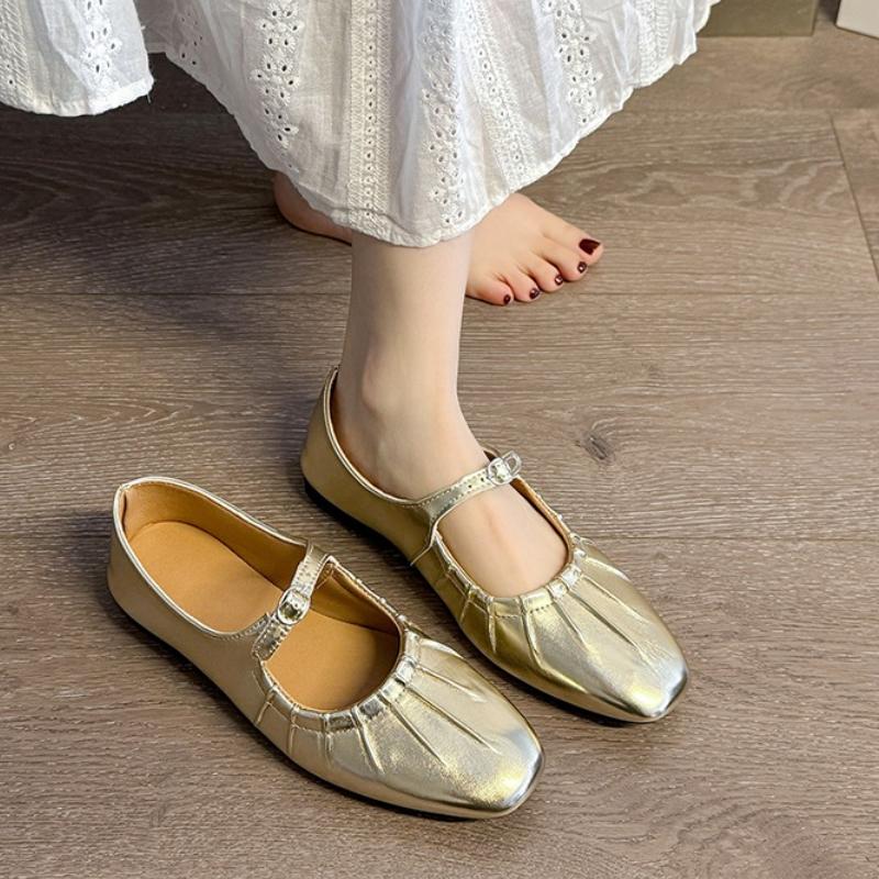 

2025 Туфли Мэри Джейн Глянцевая Кожа Балетки Плиссированный Низкий Каблук Одинарные Лоферы Женские Мягкая Подошва Повседневные Мюли Туфли 41 золотой