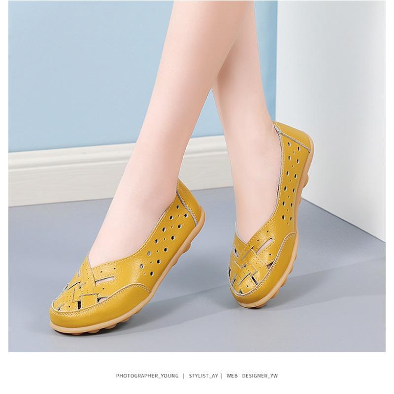 Women's Breathable Perforated Leather Flat Shoes Comfortable Massage Sole Casual Loafers for Daily Walking
