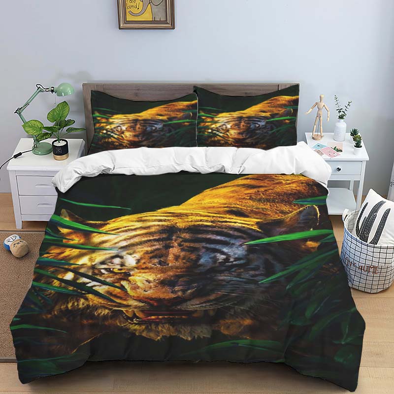 Blue Light Jungle White Tiger Animal Print Bedding Set (3-Piece) - Domineering White Tiger Pattern Duvet Cover and Pillowcase Se