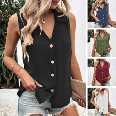 Tricou de vară pentru femei Vestă ocazional de culoare solidă Tank Top oversize cu decolteu în V, fără mâneci, nasturi, cu un singur piept, lungime medie, moale, respirabile, haine pentru femei