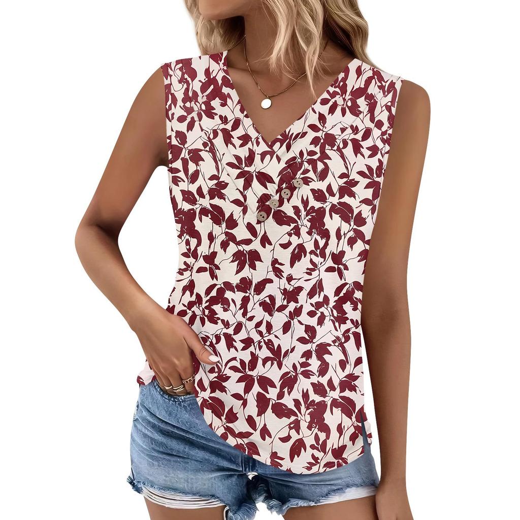 Women's Print Tank Top Button-down V-neck T-shirt Sleeveless Loose Fashion Top