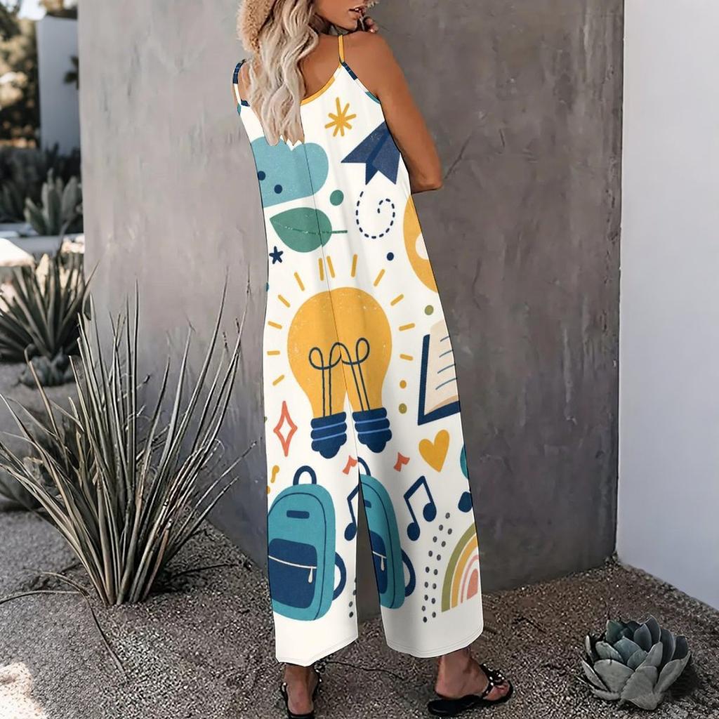 Women Spaghetti Strap Jumpsuit Retro Pop Art Star Heart Cosmic Print Wide Leg Pants With Pockets