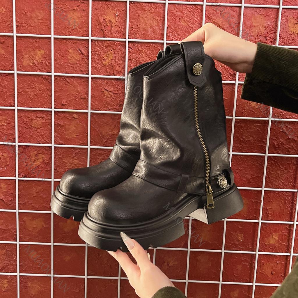 Fashion Vintage Women Motorcycle Boots British Style Platform Ladies Shoes Autumn Chunky Heeled Solid Short Booties Zapatos De Mujer