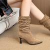 French Stiletto Booties  Retro Fashion Pointed Toe Paneled Suede Buckle Non-Slip High Heel Skinny Shoes