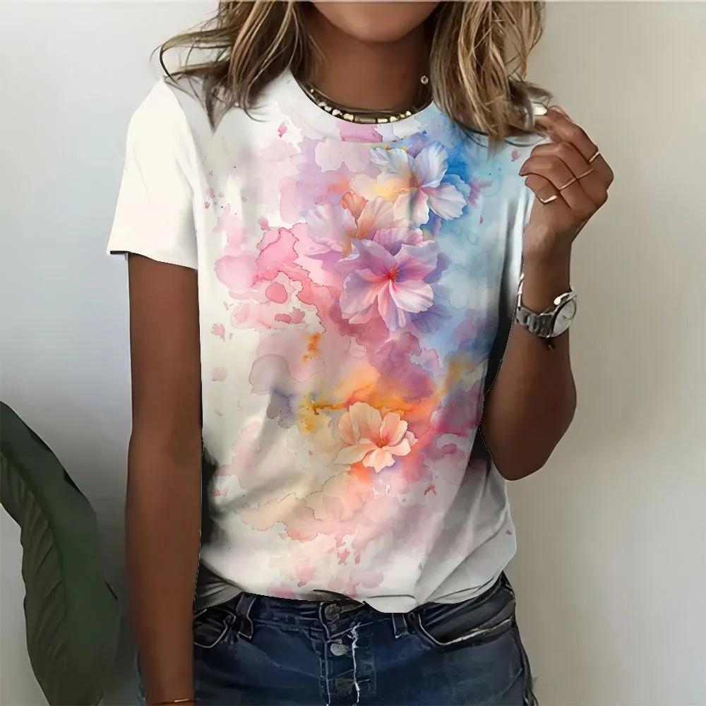 

Pink blue gradient flower cluster 3D printed loose short sleeved shirt 2XS