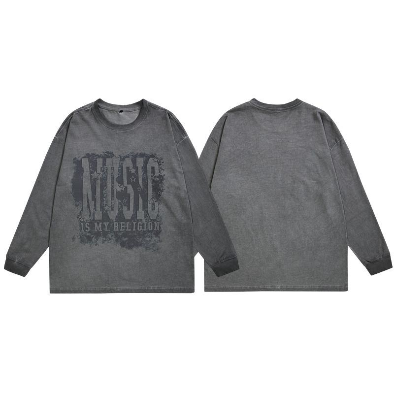 Fat Crew Neck American Vintage Pattern Printed Men's T-Shirt--Lightweight and wrinkle-resistant, versatile commuter long-sleeved sweater