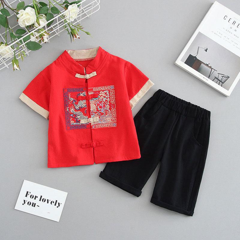 Completo Estivo da Ragazzo a Maniche Corte Stile Cinese per Bambini Hanbok Bello Completo Tang Cotone Lino Sezione Sottile di Abbigliamento Antico