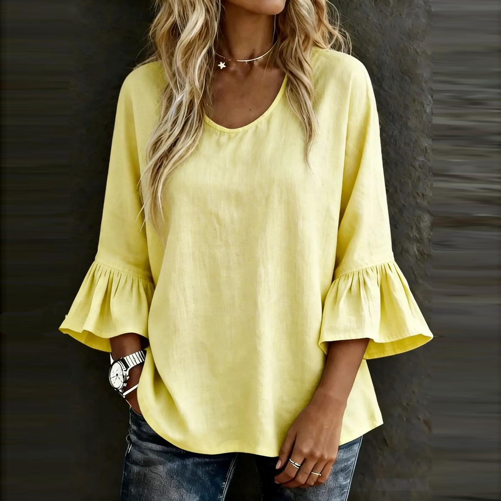 

Women’s Loose Fit Ruffle Sleeve Blouse with Round Neck and Flared Three Quarter Sleeves for Casual Daily Wear M жёлтый