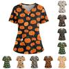 Women's Loose Short Sleeved Fashionable Halloween Print V-neck Buttonable Side Slit Top T-shirt