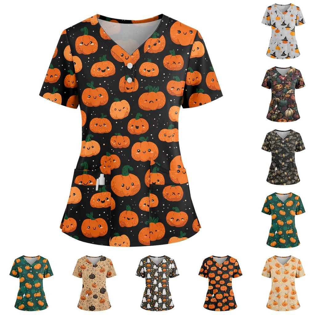 Women's Loose Short Sleeved Fashionable Halloween Print V-neck Buttonable Side Slit Top T-shirt