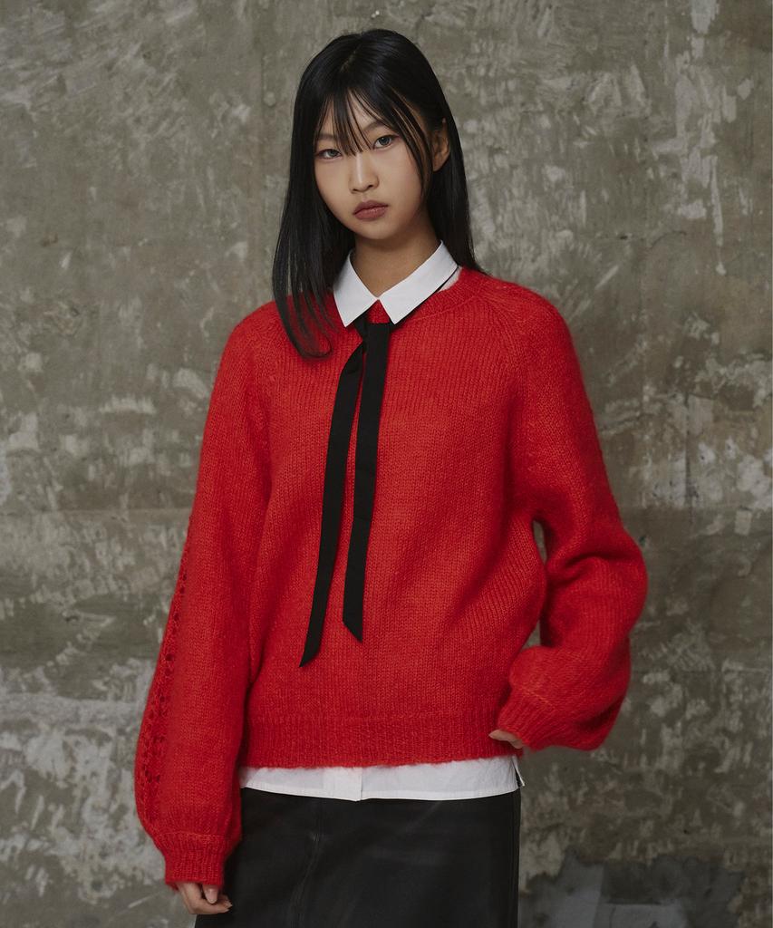 ERER Balloon Sleeve Scallop Knit Red