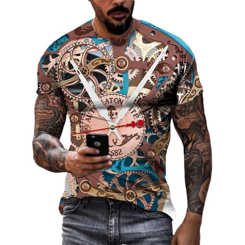 Summer Round Neck 3D Steampunk Gear Print Top Fashionable Casual Short Sleeved Men's T-shirts