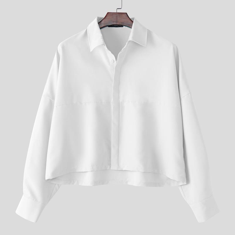 

INCERUN Мужские рубашки с воротником-лацканом и длинным рукавом, нестандартные свободные, короткие 4XL белый