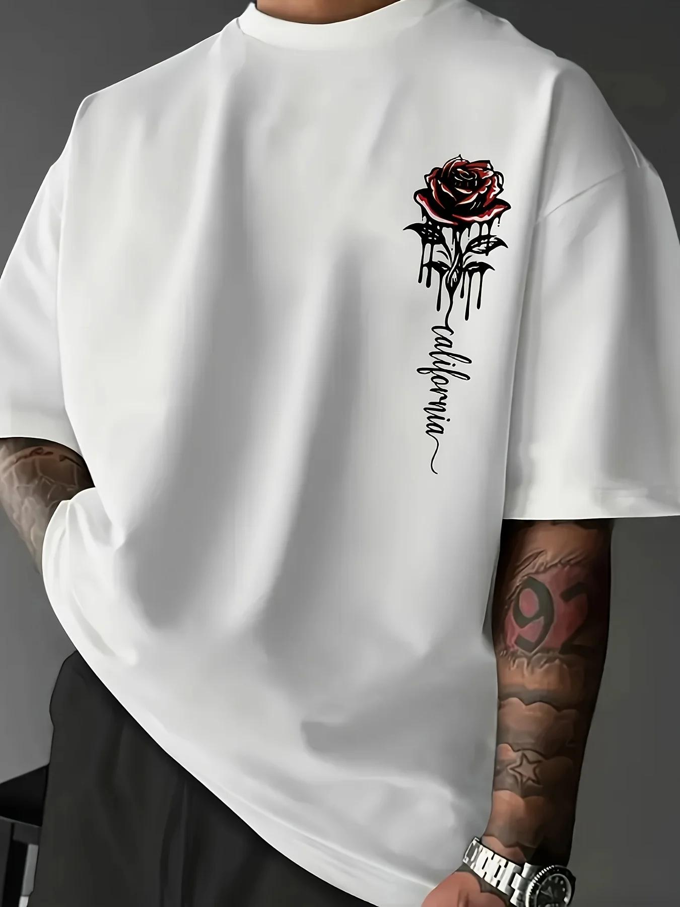 Men s California Dripping Rose Graphic Tee Gothic Streetwear Cotton Casual Tops S разноцветный