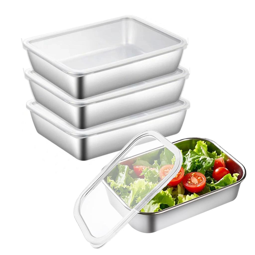 4 PCS Rectangular Storage Box Stainless Steel Crisper Sealed Leak-proof Lunch Bento Box Refrigerator Freezer Storage Container