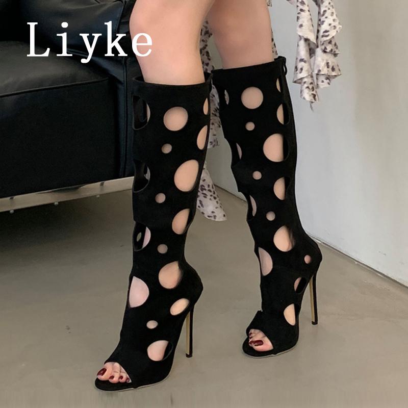 Fashion Liyke Summer Roman Style Hollow Out Long Boots Sandal Women Fashion Peep Toe Zip Stiletto Heels Knee High Shoes Female Sandalias